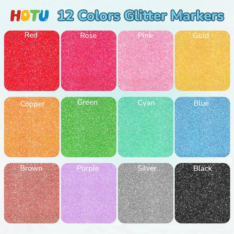 HOTU Glitter Markers Pen, 12 Glitter Colors Paint Pens Sparkly Metallic Shimmer Acrylic Marker Fine Point Tip 0.7mm Water-based Ink for Adults DIY Crafts Greeting Birthday Cards - Image 3